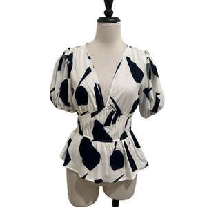 Sienna Sky Women's Abstract Print Puff Sleeve Peplum Blouse Blue & White Small